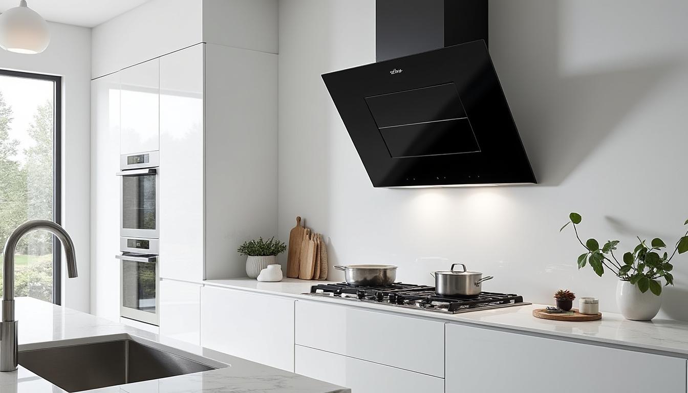 découvrez la hotte aspirante inclinée beldeko noire 60 cm, puissante et silencieuse avec un débit d'air de 455 m³/h. profitez de ses options recyclage ou évacuation et de son design moderne pour sublimer votre cuisine.